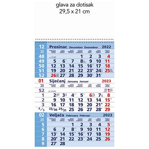Kalendar zidni trodijelni 2023. sa spiralom plavi - rasprodaja