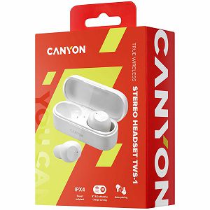 Canyon TWS-1 Bluetooth headset, with microphone, BT V5.0, Bluetrum AB5376A2, battery EarBud 45mAh*2+Charging Case 300mAh, cable length 0.3m, 66*28*24mm, 0.04kg, White