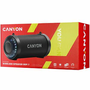 CANYON  BSP-7 Bluetooth Speaker, BT V5.0, Jieli JLAC6925B, 3.5mm AUX, 1*USB-A port, micro-USB port, 1500mAh lithium ion  battery, Black, cable length 0.6m, 278*117 *128mm, 0.941kg