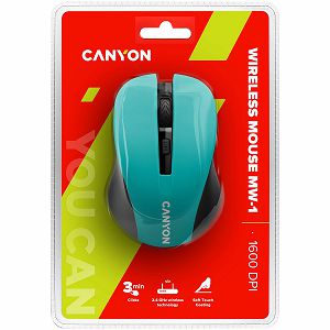 CANYON MW-1 2.4GHz wireless optical mouse with 4 buttons, DPI 800/1200/1600, Green, 103.5*69.5*35mm, 0.06kg