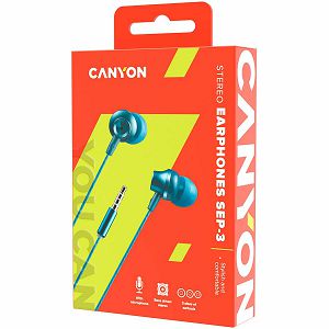 CANYON Stereo earphones with microphone, metallic shell, 1.2M, blue-green