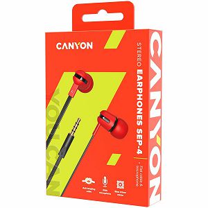 CANYON SEP-4 Stereo earphone with microphone, 1.2m flat cable, Red, 22*12*12mm, 0.013kg