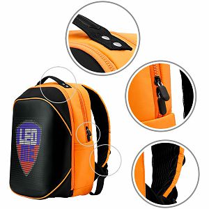 Prestigio LEDme MAX backpack, animated backpack with LED display, Nylon+TPU material, connection via bluetooth, Dimensions 42*31.5*20cm, LED display 64*64 pixels, orange color.