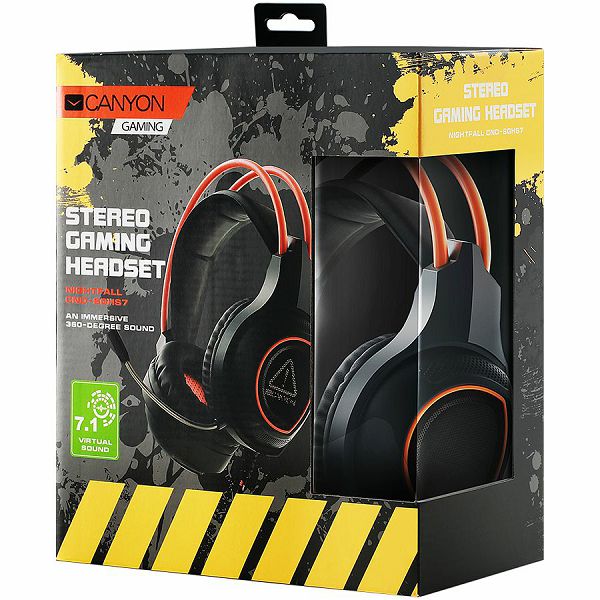 Canyon Gaming headset with 7.1 USB connector, adjustable volume control, orange LED backlight, cable length 2m, Black, 182*90*231mm, 0.336kg