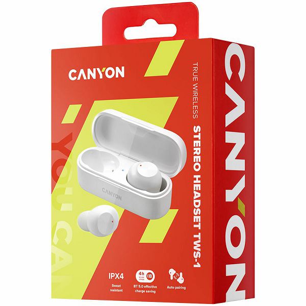 Canyon TWS-1 Bluetooth headset, with microphone, BT V5.0, Bluetrum AB5376A2, battery EarBud 45mAh*2+Charging Case 300mAh, cable length 0.3m, 66*28*24mm, 0.04kg, White