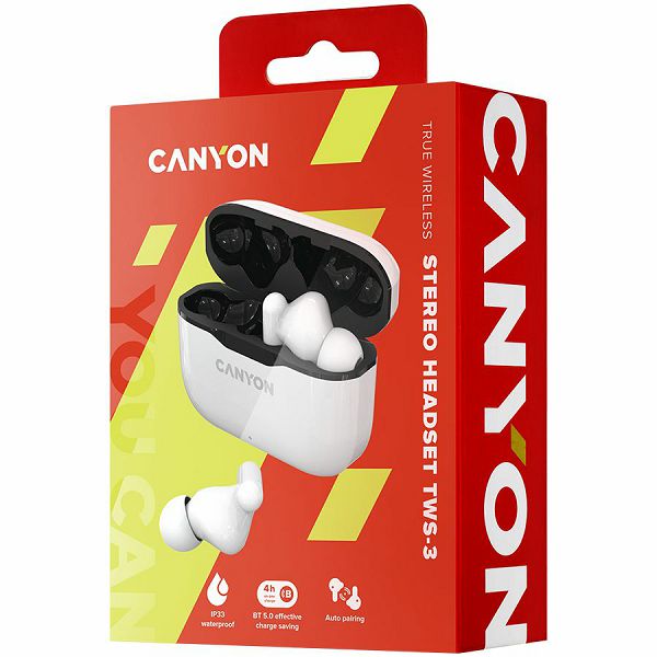 Canyon TWS-3 Bluetooth headset, with microphone, BT V5.0, Bluetrum AB5376A2, battery EarBud 40mAh*2+Charging Case 300mAh, cable length 0.3m, 62*22*46mm, 0.046kg, White