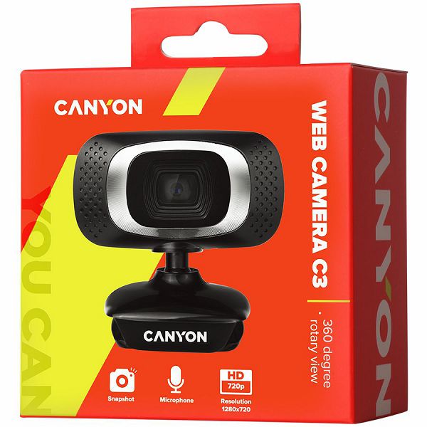 CANYON C3 720P HD webcam with USB2.0. connector, 360° rotary view scope, 1.0Mega pixels, Resolution 1280*720, viewing angle 60°, cable length 2.0m, Black, 62.2x46.5x57.8mm, 0.074kg