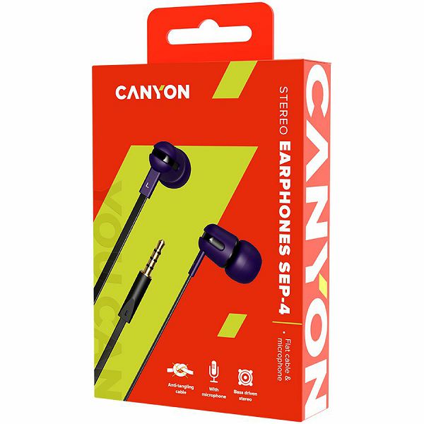 CANYON SEP-4 Stereo earphone with microphone, 1.2m flat cable, Purple, 22*12*12mm, 0.013kg