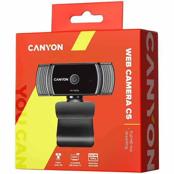 CANYON C5 1080P full HD 2.0Mega auto focus webcam with USB2.0 connector, 360 degree rotary view scope, built in MIC, IC Sunplus2281, Sensor OV2735, viewing angle 65°, cable length 2.0m, Black, 76.3x49